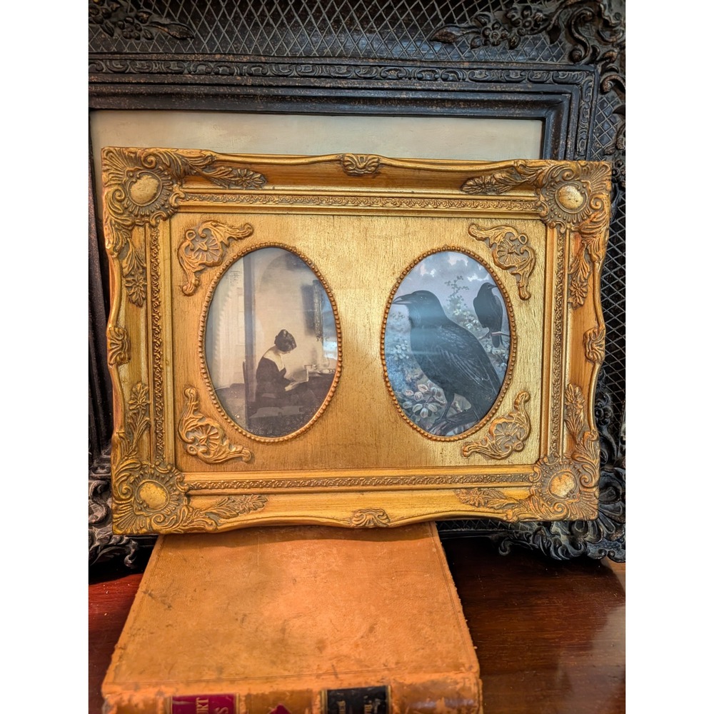 Victorian Gothic Ornate Gold Frame Crow & Woman Reading Art Print 16x12